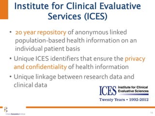 • 20 year repository of anonymous linked
population-based health information on an
individual patient basis
• Unique ICES identifiers that ensure the privacy
and confidentiality of health information
• Unique linkage between research data and
clinical data
19
Institute for Clinical Evaluative
Services (ICES)
 