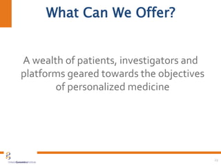 What Can We Offer?
A wealth of patients, investigators and
platforms geared towards the objectives
of personalized medicine
23
 