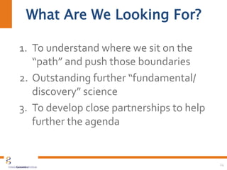 What Are We Looking For?
1. To understand where we sit on the
“path” and push those boundaries
2. Outstanding further “fundamental/
discovery” science
3. To develop close partnerships to help
further the agenda
24
 