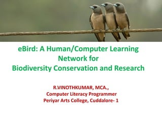 eBird: A Human/Computer Learning
Network for
Biodiversity Conservation and Research
R.VINOTHKUMAR, MCA.,
Computer Literacy Programmer
Periyar Arts College, Cuddalore- 1
 
