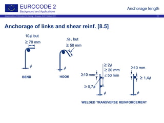 Dissemination of information for training – Brussels, 20-21 October 2011 13
EUROCODE 2
Background and Applications
Anchorage length
Anchorage of links and shear reinf. [8.5]
BEND HOOK
WELDED TRANSVERSE REINFORCEMENT
 