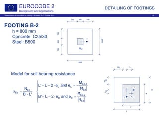 Dissemination of information for training – Brussels, 20-21 October 2011 25
EUROCODE 2
Background and Applications
DETAILING OF FOOTINGS
FOOTING B-2
h = 800 mm
Concrete: C25/30
Steel: B500







=⋅−=
−=⋅−=
⋅
=σ
Ed
y,Ed
BB
Ed
z,Ed
LL
Ed
Ed
N
M
eande2L'B
N
M
eande2L'L
'L'B
N
Model for soil bearing resistance
 