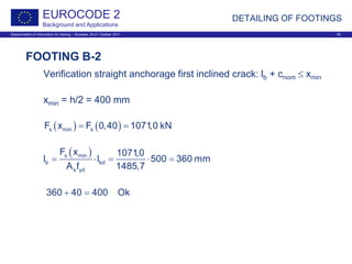 Dissemination of information for training – Brussels, 20-21 October 2011 30
EUROCODE 2
Background and Applications
DETAILING OF FOOTINGS
FOOTING B-2
Verification straight anchorage first inclined crack: lb + cnom ≤ xmin
xmin = h/2 = 400 mm
( ) ( )s min sF x F 0,40 1071,0 kN= =
( )s min
b bd
s yd
F x 1071,0
l l 500 360 mm
A f 1485,7
= ⋅= ⋅ =
360 40 400 Ok+ =
 