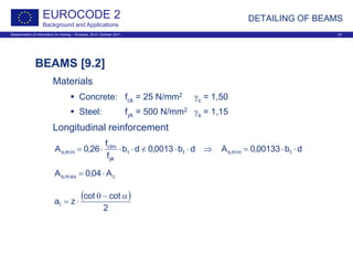Dissemination of information for training – Brussels, 20-21 October 2011 33
EUROCODE 2
Background and Applications
DETAILING OF BEAMS
BEAMS [9.2]
Materials
 Concrete: fck = 25 N/mm2 γc = 1,50
 Steel: fyk = 500 N/mm2 γs = 1,15
Longitudinal reinforcement
db00133,0Adb0013,0db
f
f
26,0A tmin,stt
yk
ctm
min,s ⋅⋅=⇒⋅⋅</⋅⋅⋅=
cmax,s A04,0A ⋅=
( )
2
cotcot
zal
α−θ
⋅=
 