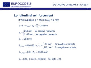 Dissemination of information for training – Brussels, 20-21 October 2011 37
EUROCODE 2
Background and Applications
Longitudinal reinforcement
If we suppose φ = 16 mm φw = 8 mm
mm354
2
chd wnom =
φ
−φ−−=



=
momentsnegativeformm1100
momentspositiveformm250
bt
mm250bw =



=⋅⋅=
momentsnegativeformm518
momentspositiveformm118
db00133,0A 2
2
tmin,s
2
cmax,s mm6520A04,0A =⋅=
5,2cotformm400cotd45,0al =θ=θ⋅⋅=
DETAILING OF BEAM 2 – CASE 1
 