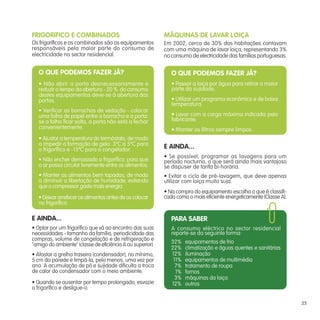 FRIGORíFICO E COMBINADOS
Os frigoríficos e os combinados são os equipamentos
responsáveis pela maior parte do consumo de
electricidade no sector residencial.
E AINDA...
• Optar por um frigorífico que vá ao encontro das suas
necessidades - tamanho da família, periodicidade das
compras, volume de congelação e de refrigeração e
"amigo do ambiente" (classe de eficiência A ou superior).
• Afastar a grelha traseira (condensador), no mínimo,
5 cm da parede e limpá-la, pelo menos, uma vez por
ano. A acumulação de pó e sujidade dificulta a troca
de calor do condensador com o meio ambiente.
• Quando se ausentar por tempo prolongado, esvazie
o frigorífico e desligue-o.
MÁQUINAS DE LAVAR LOIÇA
Em 2002, cerca de 30% das habitações contavam
com uma máquina de lavar loiça, representando 3%
no consumo de electricidade das famílias portuguesas.
E AINDA...
• Se possível, programar as lavagens para um
período nocturno, o que será ainda mais vantajoso
se dispuser de tarifa bi-horária.
• Evitar o ciclo de pré-lavagem, que deve apenas
utilizar com loiça muito suja.
• Na compra do equipamento escolha o que é classifi-
cado como o mais eficiente energeticamente (Classe A).
O QUE PODEMOS FAZER JÁ?
• Não abrir a porta desnecessariamente e
reduzir o tempo da abertura - 20 % do consumo
destes equipamentos deve-se à abertura das
portas.
• Verificar as borrachas de vedação - colocar
uma folha de papel entre a borracha e a porta:
se a folha ficar solta, a porta não está a fechar
convenientemente.
• Ajustar a temperatura do termóstato, de modo
a impedir a formação de gelo: 3ºC a 5ºC para
o frigorífico e -15ºC para o congelador.
• Não encher demasiado o frigorífico, para que
o ar possa circular livremente entre os alimentos.
• Manter os alimentos bem tapados, de modo
a diminuir a libertação de humidade, evitando
que o compressor gaste mais energia.
•Deixararrefecerosalimentosantesdeoscolocar
no frigorífico.
O QUE PODEMOS FAZER JÁ?
• Passar a loiça por água para retirar a maior
parte da sujidade.
• Utilizar um programa económico e de baixa
temperatura.
• Lavar com a carga máxima indicada pelo
fabricante.
• Manter os filtros sempre limpos.
PARA SABER
A consumo eléctrico no sector residencial
reparte-se da seguinte forma:
32%
22%
12%
11%
7%
1%
3%
12%
equipamentos de frio
climatização e águas quentes e sanitárias
iluminação
equipamentos de multimédia
tratamento de roupa
fornos
máquinas da loiça
outros
25
 