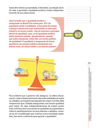 todos têm direito à propriedade, à liberdade, à proteção da lei.




                                                                                                IMPORTANTE
Ou seja, é garantida a igualdade jurídica a todos independen-
temente de sua classe social.



Você acredita que a igualdade jurídica é
assegurada no Brasil? Em nosso país, 12% da
população ainda é analfabeta, e boa parte de nossas
crianças e jovens não está matriculada na educação
infantil e no ensino médio. Isso já contraria o princípio
liberal da igualdade, pois, se há igualdade jurídica,
todos deveriam estudar. Aprofundando: aqueles
que estão estudando, todos têm um ensino público
de qualidade? A qualidade é assegurada de forma
igualitária nas escolas públicas localizadas nos
bairros ricos, de classe média e nos bairros pobres?




                                                                   41




                                                                   UNIDADE 3 – Educação na perspectiva conservadora: o registro conservador de Durkheim
                                                                   e a influência do pensamento liberal de John Dewey e da teoria do Capital Humano.



Fica evidente que o governo não assegura, na esfera educa-
cional, o pleno desenvolvimento das potencialidades de todos
os cidadãos, principalmente daqueles de origem humilde. Mas
imaginemos que o Estado assegurasse uma escola igualitária
para todos. Ou seja, independentemente da origem social,
todo indivíduo teria uma escola de qualidade que garantisse o
máximo aperfeiçoamento de seus talentos e aptidões. Levan-
do-se em consideração que vivemos numa sociedade capita-
lista, isso seria o suficiente para garantir a igualdade?
 