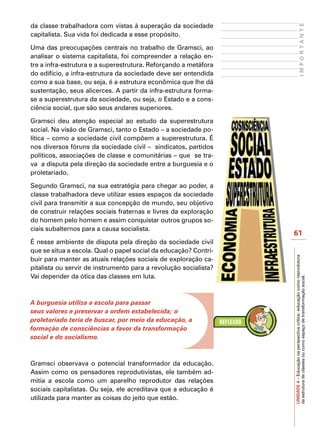 da classe trabalhadora com vistas à superação da sociedade




                                                                                      IMPORTANTE
capitalista. Sua vida foi dedicada a esse propósito.

Uma das preocupações centrais no trabalho de Gramsci, ao
analisar o sistema capitalista, foi compreender a relação en-
tre a infra-estrutura e a superestrutura. Reforçando a metáfora
do edifício, a infra-estrutura da sociedade deve ser entendida
como a sua base, ou seja, é a estrutura econômica que lhe dá
sustentação, seus alicerces. A partir da infra-estrutura forma-
se a superestrutura da sociedade, ou seja, o Estado e a cons-
ciência social, que são seus andares superiores.

Gramsci deu atenção especial ao estudo da superestrutura
social. Na visão de Gramsci, tanto o Estado – a sociedade po-
lítica – como a sociedade civil compõem a superestrutura. É
nos diversos fóruns da sociedade civil – sindicatos, partidos
políticos, associações de classe e comunitárias – que se tra-
va a disputa pela direção da sociedade entre a burguesia e o
proletariado.

Segundo Gramsci, na sua estratégia para chegar ao poder, a
classe trabalhadora deve utilizar esses espaços da sociedade
civil para transmitir a sua concepção de mundo, seu objetivo
de construir relações sociais fraternas e livres da exploração
do homem pelo homem e assim conquistar outros grupos so-
ciais subalternos para a causa socialista.
                                                                  61
É nesse ambiente de disputa pela direção da sociedade civil
que se situa a escola. Qual o papel social da educação? Contri-




                                                                  UNIDADE 4 – Educação na perspectiva crítica: educação como reprodutora
buir para manter as atuais relações sociais de exploração ca-
pitalista ou servir de instrumento para a revolução socialista?
Vai depender da ótica das classes em luta.



A burguesia utiliza a escola para passar                          da estrutura de classes ou como espaço de transformação social.

seus valores e preservar a ordem estabelecida; o
proletariado teria de buscar, por meio da educação, a
formação de consciências a favor da transformação
social e do socialismo.



Gramsci observava o potencial transformador da educação.
Assim como os pensadores reprodutivistas, ele também ad-
mitia a escola como um aparelho reprodutor das relações
sociais capitalistas. Ou seja, ele acreditava que a educação é
utilizada para manter as coisas do jeito que estão.
 