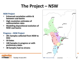 The Project – NSW
NSW Project
• Enhanced correlation within &
between coal basins
• High resolution estimates of
sedimentation rates
• Modelling depositional evolution of
NSW coal basins
Progress – NSW Project
• 391 Samples collected from NSW to
date
• 59 Dates
• 100 Samples in progress or with
preliminary dates
• 38 Samples had no zircons
 