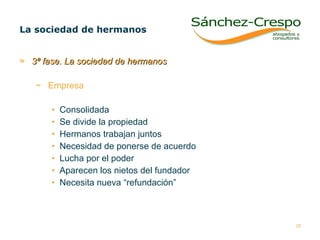 3ª fase. La sociedad de hermanos   Empresa   Consolidada Se divide la propiedad Hermanos trabajan juntos Necesidad de ponerse de acuerdo Lucha por el poder Aparecen los nietos del fundador Necesita nueva “refundación” La sociedad de hermanos  