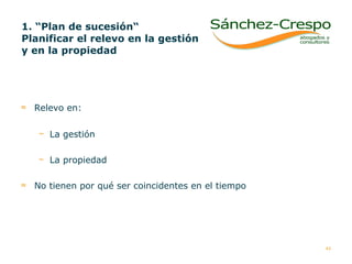 1. “Plan de sucesión“ P lanificar el relevo en la gestión y en la propiedad Relevo en: La gestión  La propiedad  No tienen por qué ser coincidentes en el tiempo 