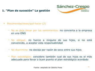 1. “Plan de sucesión” La gestión   Recomendaciones/qué hacer (2) No se deje llevar por los sentimientos:  no convierta a la empresa en una ONG No obligue:  no fuerce a ninguno de sus hijos, si no está convencido, a aceptar esta responsabilidad No discrimine:  no decida por razón de sexo entre sus hijos Plan estratégico:  considere también cual de sus hijos es el más adecuado para llevar a buen puerto el plan estratégico acordado  Fuente: adaptado de Cátedra Prasa 