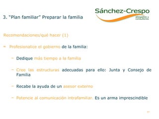 3. “Plan familiar” Preparar la familia Recomendaciones/qué hacer (1) Profesionalice el gobierno   de la familia: Dedique  más tiempo a la familia   Cree las estructuras  adecuadas para ello: Junta y Consejo de Familia Recabe la ayuda de un  asesor externo Potencie al comunicación intrafamiliar.   Es un arma imprescindible 