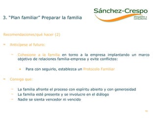 3. “Plan familiar” Preparar la familia Recomendaciones/qué hacer (2) Anticípese al futuro:  Cohesione a la familia  en torno a la empresa implantando un marco objetivo de relaciones familia-empresa y evite conflictos:  Para con seguirlo, establezca un  Protocolo Familiar Consiga que: La familia afronte el proceso con espíritu abierto y con generosidad La familia esté presente y se involucre en el diálogo Nadie se sienta vencedor ni vencido  