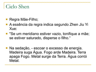 Ciclo Shen Regra Mãe-Filho; A essência da regra indica segundo Zhen Jiu Yi Xue: "Se um meridiano estiver vazio, tonifique a mãe; se estiver saturado, disperse o filho.“ Na sedação, - escoar o excesso de energia. Madeira suga Água. Fogo arde Madeira. Terra apaga Fogo. Metal surge da Terra. Água corrói Metal. 