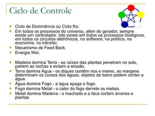 Ciclo de Controle Ciclo de Dominância ou Ciclo Ko; Em todos os processos do universo, além do gerador, sempre existe um controlador. Isto existe em todos os processos biológicos, em todos os circuitos eletrônicos, no software, na política, na economia, no trânsito; Mecanismo de Feed Back. Energia Wei; Madeira domina Terra - as raízes das plantas penetram no solo, partem as rochas e evitam a erosão. Terra domina Água - os diques contêm rios e mares, as margens determinam os cursos das águas, objetos de barro podem conter a água. Água domina Fogo - a água apaga o fogo. Fogo domina Metal - o calor do fogo derrete os metais. Metal domina Madeira - o machado e a faca cortam árvores e plantas  