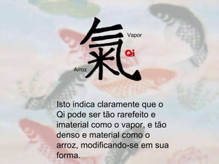 Arroz Vapor Isto indica claramente que o Qi pode ser tão rarefeito e imaterial como o vapor, e tão denso e material como o arroz, modificando-se em sua forma.  