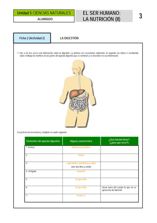 Unidad 5 CIENCIAS NATURALES                                              EL SER HUMANO:
                         ALUMNADO                                        LA NUTRICIÓN (II)
                                                                                                                                       3


  Ficha 2 (Actividad 2)                          LA DIGESTIÓN



1- Vas a oír tres veces una información sobre la digestión. La primera vez escucharás solamente; la segunda vez debes ir escribiendo
   sobre el dibujo los nombres de las partes del aparato digestivo que se nombran y se describen en esa información.




Escucha la tercera lectura y completa el cuadro siguiente:


                                                                                                   ¿Qué función tiene?
          Elementos del aparato digestivo                    Alguna característica
                                                                                                    (¿para qué sirve?)
          1- la boca                                          líquido que produce


          2-                                                         forma


          3-                                             capacidad ( cantidad que cabe)
                                                             unos dos litros y medio
          4- el hígado                                             situación


          5-                                                      lo que mide


          6-                                                      lo que mide               Llevar fuera del cuerpo lo que no se
                                                                                            aprovecha del alimento

          7-                                                       lo que es
 