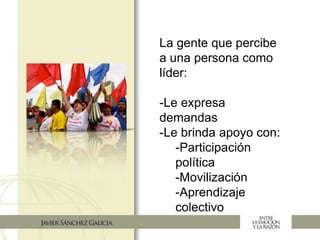 La gente que percibe
a una persona como
líder:
-Le expresa
demandas
-Le brinda apoyo con:
-Participación
política
-Movilización
-Aprendizaje
colectivo
 
