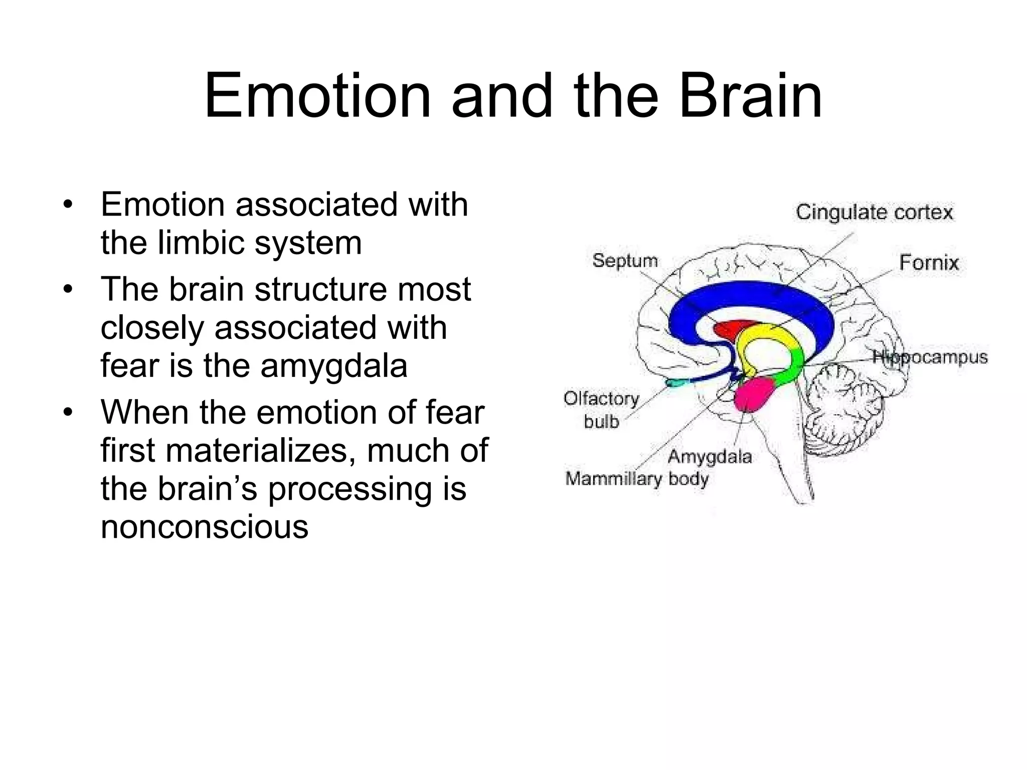 Emotion and the Brain Emotion associated with the limbic system The brain structure most closely associated with fear is the amygdala When the emotion of fear first materializes, much of the brain’s processing is nonconscious 