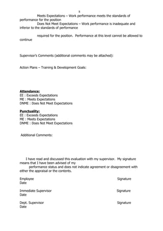 8
              Meets Expectations – Work performance meets the standards of
performance for the position
              Does Not Meet Expectations – Work performance is inadequate and
inferior to the standards of performance

           required for the position. Performance at this level cannot be allowed to
continue



Supervisor’s Comments (additional comments may be attached):


Action Plans – Training & Development Goals:




Attendance:
EE : Exceeds Expectations
ME : Meets Expectations
DNME : Does Not Meet Expectations

Punctuality:
EE : Exceeds Expectations
ME : Meets Expectations
DNME : Does Not Meet Expectations


Additional Comments:




    I have read and discussed this evaluation with my supervisor. My signature
means that I have been advised of my
       performance status and does not indicate agreement or disagreement with
either the appraisal or the contents.

Employee                                                          Signature
Date

Immediate Supervisor                                              Signature
Date

Dept. Supervisor                                                  Signature
Date
 