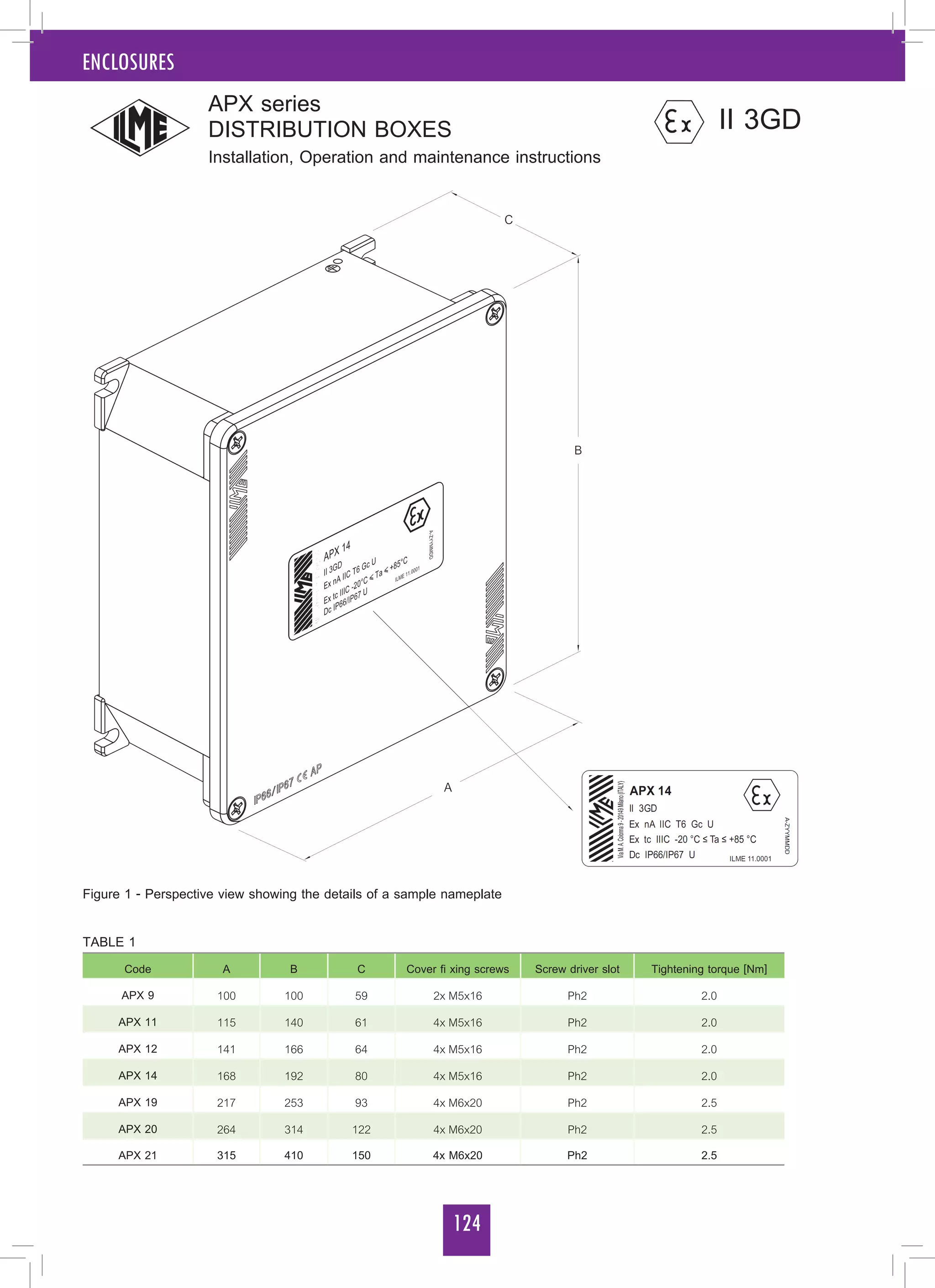 124
ENCLOSURES
APX series
DISTRIBUTION BOXES
Installation, Operation and maintenance instructions
II 3GD
Figure 1 - Perspective view showing the details of a sample nameplate
TABLE 1
Code A B C Cover fi xing screws Screw driver slot Tightening torque [Nm]
APX 9 100 100 59 2x M5x16 Ph2 2.0
APX 11 115 140 61 4x M5x16 Ph2 2.0
APX 12 141 166 64 4x M5x16 Ph2 2.0
APX 14 168 192 80 4x M5x16 Ph2 2.0
APX 19 217 253 93 4x M6x20 Ph2 2.5
APX 20 264 314 122 4x M6x20 Ph2 2.5
APX 21 315 410 150 4x M6x20 Ph2 2.5
 