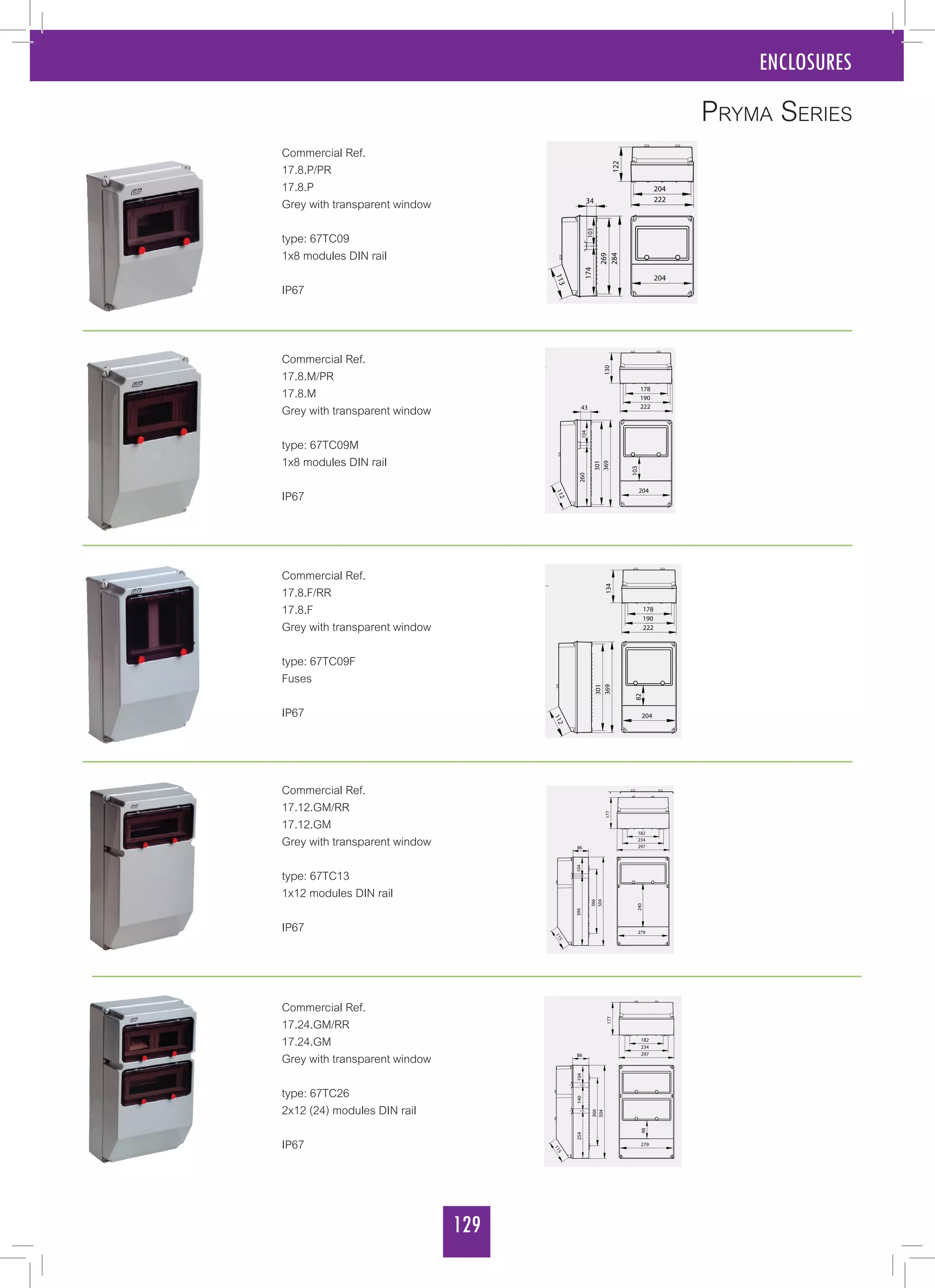 129
ENCLOSURES
Commercial Ref.
17.8.P/PR
17.8.P
Grey with transparent window
type: 67TC09
1x8 modules DIN rail
IP67
Commercial Ref.
17.8.M/PR
17.8.M
Grey with transparent window
type: 67TC09M
1x8 modules DIN rail
IP67
Commercial Ref.
17.8.F/RR
17.8.F
Grey with transparent window
type: 67TC09F
Fuses
IP67
Commercial Ref.
17.12.GM/RR
17.12.GM
Grey with transparent window
type: 67TC13
1x12 modules DIN rail
IP67
Commercial Ref.
17.24.GM/RR
17.24.GM
Grey with transparent window
type: 67TC26
2x12 (24) modules DIN rail
IP67
Pryma Series
 