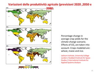 Percentage change in average crop yields for the climate change scenario. Effects of CO 2  are taken into account. Crops modeled are: wheat, maize and rice. Jackson Institute, University College London / Goddard Institute for Space Studies / International Institute for Applied Systems Analysis Variazioni delle produttività agricole (previsioni 2020 ,2050 e 2080 ) 