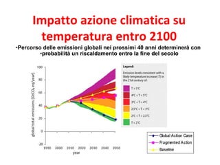 Percorso delle emissioni globali nei prossimi 40 anni determinerà con  probabilità un riscaldamento entro la fine del secolo  Impatto azione climatica su temperatura entro 2100 