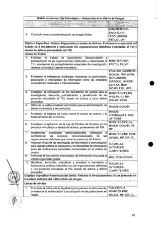 Matriz de actores: Eje Estrategico — Reduccion de Ia Oferta de Drogas
.t 4 i .: : Ivii(i)
° — • ' ,. ' , , - ,
, . ' i '! I tg
-A '
8. Combatir la microcomercializacion de drogas illcitas.
MININTER-PNP-
DIVOPEJOR-
"ESCUADRON
VERDE", MP
Objetivo Especifico - Crimen Organizado y Lavado de Activos: Fortalecer la capacidad del
Estado para desarticular y judicializar las organizaciones delictivas vinculadas al TID y
lavado de activos proveniente del TID.
Lineas de Accion
1. Enfatizar el trabajo de seguimiento, desarticulacion y
judicializacion de las organizaciones dedicadas y relacionadas al
TID, empleando los procedimientos especiales de investigaciOn:
remesa controlada y agente encubierto.
MININTER-PNP-
PPETID, PJ, MP
2. Fortalecer Ia inteligencia antidrogas mejorando la coordinaciOn,
produccion e intercambio de informacion entre las entidades
competentes nacionales e internacionales.
PCM-DINI, MININTER—
DIGIMIN, PNP-DIRIN,
DIREJANDRO,
DIRGECO, MINDEF-
CCFFAA, MGP-
DICAPI, FAP, MRE.
3. Fortalecer Ia articulaciOn de los operadores de justicia para la
investigaciOn, denuncia, judicializaciOn y penalizaciOn de las
personas vinculadas al TID, lavado de activos y otros delitos
asociados.
MININTER-PPETID,
PPELAV, PJ, MP,
SBS-UIF PERU
4. Reforzar Ia institucionalidad del Estado para la administraciOn de
bienes incautados y decomisados.
MINJUS-CONABI
5. Fortalecer el sistema de lucha contra el lavado de activos y el
financiamiento del terrorismo.
MINJUS-
CONTRALAFT, SBS-
UIF PERO.
6. Fortalecer la aplicacion de Ia Ley de Perdida de Dominio en los
procesos vinculados al lavado de activos, provenientes del TID.
MININTER-PPELAV,
MINJUS-CONABI, PJ,
MP
7. Implemental- estrategias comunicacionales orientadas a
contrarrestar las acciones comunicacionales de las
organizaciones delictivas que minan Ia presencia del Estado.
MININTER-PNP, PCM-
DEVIDA, MP, GR, GL.
8. Impulsar el uso de las tecnologias de informacion y comunicaciOn
para facilitar Ia tonna de decisiones y el intercambio de informacion
entre las instituciones nacionales involucradas en el control de
drogas.
TODAS LAS
ENTIDADES
COMPETENTES
9. Promover el intercambio entre !Daises, de informaciOn vinculada al
crimen organizado global.
MRE, PCM-DEVIDA.
10. Identificar, denunciar, judicializar y penalizar a servidores y
funcionarios pCiblicos coludidos con las organizaciones delictivas
o con personas vinculadas al TID, lavado de activos y delitos
asociados.
TODAS LAS
ENTIDADES
COMPETENTES
Objetivo Especifico-Prevencion del Delito: Prevenir el involucramiento de las personas en
Ia cadena delictiva del trafico ilicito de drogas.
LIneas de Accion
1. Promover Ia cultura de Ia legalidad para prevenir la delincuencia,
is violencia, Ia victimizacion y Ia corrupcion en las poblaciones en
riesgo.
PCM-DEVIDA,
MININTER-PNP,
MINJUS, MP, GR, GL.
99
 