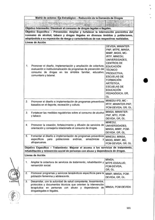 et aria
Y, mARTINE
Matriz de actores: Eje Estrategico — Reduccion de la Demanda de Drogas
I I _ • ,-1(-4)G .
Objetivo Intermedio: Disminuir el consumo de drogas legales e ilegales.
Objetivo Especifico — Prevencion: Ampliar y fortalecer la intervencion preventiva del
consumo de alcohol, tabaco y drogas ilegales en diversos ambitos y poblaciones,
adaptandola a su exposici6n de riesgo y caracteristicas de sus respectivas realidades.
Lineas de Accion
1. Promover el disetio, implementacion y ampliaciOn de cobertura,
evaluacion e institucionalizacion de programas de prevenciOn del
consumo de drogas en los ambitos familiar, educativo,
comunitario y laboral.
DEVIDA, MININTER-
PNP, MTPE, MINSA,
MIMP, MIDIS, MC-
IRTP, MINEDU,
UNIVERSIDADES,
CENTROS DE
EDUCACION
TECNICO
PRODUCTIVA,
ESCUELAS DE
FORMACION
ARTISTICA,
ESCUELAS DE
EDUCACION
PEDAGOGICA, GR,
GL
2. Promover el diselio e implementaciOn de programas preventivos
basados en el deportee recreaciOn y cultura.
MINEDU-IPD, MC -
IRTP, MININTER-PNP,
PCM-DEVIDA, GR, GL.
3. Fortalecer las medidas regulatorias sobre el consumo de alcohol
y tabaco.
MINSA, MININTER-
PNP, MTC, PCM-
DEVIDA, GR, GL.
4. Promover Ia creaciOne fortalecimiento y difusiOn de servicios de
orientaciOn y consejeria relacionada al consumo de drogas.
MINEDU,
UNIVERSIDADES,
MINSA, MIMP, PCM-
DEVIDA, GR, GL.
5. Fomentar el diseno e implementaciOn de programas preventivos
especificos para poblaciones andinas, amazonicas Y
afroperuanas.
MINEDU, MINSA,
MIDIS, MIMP, MC,
PCM-DEVIDA, GR, GL.
Objetivo Especifico — Tratamiento: Mejorar el acceso a los servicios de tratamiento,
rehabilitacion y reinserciOn social de personas con abuso y dependencia de drogas.
Lineas de Accion
1. Ampliar Ia cobertura de servicios de tratamiento, rehabilitaciOn y
reinserciOn social.
MINSA,
MTPE-ESSALUD,
PCM-DEVIDA,
GR, GL.
2. Promover programas y servicios terapeuticos especificos para la
poblacion femenina y adolescente.
MIMP, MINSA, PCM-
DEVIDA, GR, GL.
3. Desarrollar, con la autoridad de salud competente, lineamientos,
protocolos y documentos tecnicos que orienten Ia intervenciOn
terapeutica en personas con abuso y dependencia de
drogaslegales e ilegales.
MINSA, PCM-DEVIDA
101
 