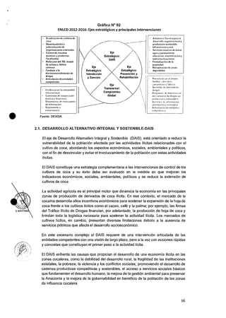 Grafico N° 02
ENLCD 2012-2016: Ejes estrategicos y principales intervenciones
• Erradicacion de cultivos de
coca
• Desarticulacion y
judicializacien de
organizaciones criminales.
• Control de insumos
quimicos y productos
tiscalizados.
• Reduction del TID, lavado
de activos y delitos
conexos
✓ Combate a la
microcomercializacicin de
drogas
• Articulacion de entidades
competentes
Asistencia Tocniea para el
desarrolln organizaeinnaly
produccion sostenible.
Infraestructura vial.
Servicios basicos de salud.
ague y saneamiento.
education. electrilicacien y
telecomunicaciones.
Formalization de Ia
propiedad.
Recuperation de areas
degradadas
Eje
Estrategico:
DAIS
Eje Eje
Estrategico: Estrategico:
Interdiction PrevenciOn y
y SanciOn Rehabilitation • Prevention en el amOito
edricitivo.
comunitat is y laborJ1.
• Servicios do atencion en
drops
• Pmgramas de intervenciOn
del consutso do drogas en
poblaciones vtilnerabk,s
Eje
Transversal:
Compromiso
Global
lncidencia err la comunidad
internacional.
• Converrios do cooperation
tecnica y financiora.
= Mecanismos do inter cambio
de informacian
• Seguimiento
comproniisos
Sovicios de informaciOn,
y conseiend
••• Articulation de entidades
competentes
Fuente: DEVIDA.
2.1. DESARROLLO ALTERNATIVO INTEGRAL Y SOSTENIBLE-DAIS
El eje de Desarrollo Alternativo Integral y Sostenible (DAIS), esta orientado a reducir Ia
vulnerabilidad de la poblaciOn afectada por las actividades ilicitas relacionadas con el
cultivo de coca, abordando los aspectos econOmicos, sociales, ambientales y politicos,
con el fin de desvincular y evitar el involucramiento de Ia poblaciOn con estas actividades
ilicitas.
El DAIS constituye una estrategia complementaria a las intervenciones de control de los
cultivos de coca y su exit° debe ser evaluado en is medida en que mejoran los
indicadores econOmicos, sociales, ambientales, politicos y se reduce Ia extension de
cultivos de coca.
La actividad agricola es el principal motor que dinamiza Ia economia en las principales
zonas de producciOn de derivados de coca ilicita. En ese contexto, el mercado de Ia
cocaina desarrolla altos incentivos econOmicos para sostener la expansion de Ia hoja de
coca frente a los cultivos licitos como el cacao, café y Ia palma; por ejemplo, las firmas
del Trafico Ilicito de Drogas financian, por adelantado, Ia produccion de hoja de coca y
brindan toda la logistica necesaria para sostener la actividad ilicita. Los mercados de
cultivos licitos, en cambio, presentan diversas limitaciones debido a la ausencia de
servicios pUblicos que afecta el desarrollo socioecon6mico.
En este escenario complejo el DAIS requiere de una intervention articulada de las
entidades competentes con una vision de largo plazo, pero a la vez con acciones rapidas
y concretas que constituyan el primer paso a Ia actividad licita.
El DAIS enfrenta las causas que propician el desarrollo de una economia ilicita en las
zonas cocaleras, como Ia debilidad del desarrollo rural, la fragilidad de las instituciones
estatales, la pobreza, Ia violencia y los conflictos sociales; promoviendo el desarrollo de
cadenas productivas competitivas y sostenibles, el acceso a servicios sociales basicos
que fundamenten el desarrollo humano, la mejora de la gestiOn ambiental para preserver
la Amazonia y Ia mejora de Ia gobernabilidad en beneficio de la poblaciOn de las zonas
de influencia cocalera.
16
 