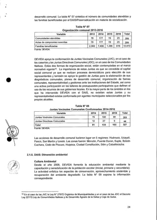 •
desarrollo comunal. La tabla N° 07 sintetiza el niimero de comunidades atendidas y
las familias beneficiadas por el DAIS/PoserradicaciOn en materia de socializaciOn.
Tabla N° 07
Organizacion comunal 2013-2016
Variable 2013 2014 2015 2016 Total
Comunidades atendidas 78 177 19 25 299
Actas de compromiso suscritas 78 177 19 25 299
Familias beneficiadas 2,562 7,408 1,286 816 12,072
Fuente: DEVIDA.
DEVIDA apoya Ia conformacion de Juntas Vecinales Comunales (JVC), en el caso de
los caserios y las Juntas Directivas Comunales (JDC), en el caso de los Comunidades
Nativas. Estas dos formas de organizaciOn social, estan contempladas en el marco
normativo vigente12. La importancia de estas Juntas es que se consolida el capital
social comunal ya que se realizan procesos democraticos para elecciOn de sus
representantes y tambien se apoya la gestiOn de Juntas para Ia elaboracion de sus
diagnosticos comunales, planes de desarrollo comunal, organizaciOn de faenas
comunales, representatividad y gestiones ante las instituciones del Estado, asi como
una activa participacion en los talleres de presupuestos participativos que definen el
use de los recursos de sus gobiernos locales. En Ia mayor parte de los ambitos en los
que ha intervenido DEVIDA con el DAIS, no existian estas Juntas y su
representatividad estaba conformada por agentes municipales seleccionados por los
propios alcaldes.
Tabla N° 08
Juntas Vecinales Comunales Conformadas 2014-2016
Variable 2014 2015 2016 Total
Juntas Vecinales Comunales 79 106 98 283
Juntas Directivas Comunales 12 27 5 44
Total 91 133 103 327
Fuente: DEVIDA.
Las acciones de desarrollo comunal tuvieron lugar en 5 regiones: Huanuco, Ucayali,
Pasco, San Martin y Loreto. Las zonas fueron: MonzOn, Puente Duran, Supte, Bois&
Cuchara, Codo de Pozuzo, Huipoca, Ciudad Constitucion, SiOn y Caballococha.
2.1.5. DAIS: DimensiOn ambiental
Cultura Ambiental
Desde el alio 2008, DEVIDA fomenta la educaciOn ambiental mediante la
capacitaciOn y sensibilizaciOn de Ia poblacion escolar (inicial, primaria y secundaria).
La actividad enfatiza los aspectos de conservacian, aprovechamiento sostenible y
recuperacion del ambiente degradado. La tabla N° 09 expone Ia informacion
correspondiente.
12 En el caso de las JVC Ia Ley N° 27972 Organica de Municipalidades y en el caso de las JDC el Decreto
Ley 22175 Ley de Comunidades Nativas y de Desarrollo Agrario de la Selva y Ceja de Selva.
24
 