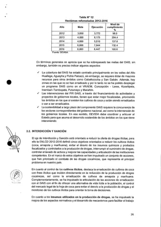 •
Tabla N° 12
Hectareas reforestadas 2012-2016
Arlo Meta Ejecucion
Nivel de
cumplimiento
2012 3,850 3,772 98.0
2013 4,000 8,175 204.4
2014 4,000 5,510 137.8
2015 6,000 7,944 132.4
2016 8,000 8,447 105.6
Fuente: DEVIDA.
En terminos generales se aprecia que se ha sobrepasado las metas del DAIS, sin
embargo, tambien es preciso indicar algunos aspectos:
✓ La cobertura del DAIS ha estado centrado principalmente en los valles del Alto
Huallaga, Aguaytia y Pichis Palcazil, sin embargo, se requiere dotar de mayores
recursos para otros ambitos como Caballococha y San Gaban. Ademas, hay
zonas en las que no se han erradicado y por lo tanto no se ha podido desplegar
un programa DAIS como en el VRAEM, Concepcion - Lares, Kcosfiipata,
Inambari—Tambopata, Putumayo y Maranon.
✓ Las intervenciones del PIR DAIS, a traves del financiamiento de actividades y
proyectos de gobiernos locales, tienen que estar mejor focalizadas, priorizando
los ambitos en los que si existen los cultivos de coca y estan siendo erradicados
o van a ser erradicados.
✓ La sostenibilidad a largo plazo del componente DAIS requiere Ia concurrencia de
los sectores correspondientes del gobierno nacional, asi como la intervencion de
los gobiernos locales. En ese sentido, DEVIDA debe coordinar y articular al
Estado para que asuma el desarrollo sostenible de los ambitos en los que viene
interviniendo.
2.2. INTERDICCION Y SANCION
El eje de Interdiccian y SanciOn esta orientado a reducir Ia oferta de drogas ilicitas, para
ello Ia ENLCD 2012-2016 defini6 cinco objetivos orientados a reducir los cultivos ilicitos
(coca, amapola y marihuana), evitar el desvio de los insumos quimicos y productos
fiscalizados y controlados a Ia produccion de drogas, interrumpir el suministro de drogas,
controlar el lavado de activos y mejorar las capacidades y articulaciOn de las instituciones
competentes. En el marco de estos objetivos se han impulsado un conjunto de acciones,
que han priorizado el combate de las drogas cocainicas, que representa el principal
problema en nuestro pais.
En cuanto al control de los cultivos ilicitos, destaca Ia erradicaciOn de cultivos de coca
con fines ilicitos que inciden directamente en Ia reduccion de Ia producci6n de drogas
cocainicas, asi como la erradicaciOn de cultivos de amapola y marihuana.
Complementariamente, se ha impulsado Ia articulaciOn de las acciones de erradicaciOn
con el DAIS con el fin de ofrecer una alternativa de vida licita a la poblaciOn, el control
del mercado legal de Ia hoja de coca para evitar el desvio a Ia producciOn de drogas y eI
monitored de los cultivos ilicitos para orientar Ia toma de decisiones.
En cuanto a los insumos utilizados en Ia producciOn de drogas, se ha impulsado Ia
mejora de los aspectos normativos y eI desarrollo de mecanismos para facilitar el trabajo
26
 