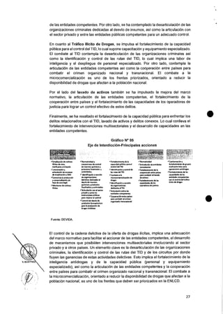 de las entidades competentes. Por otro lado, se ha contemplado Ia desarticulaciOn de las
organizaciones criminales dedicadas al desvio de insumos, asi como Ia articulacion con
el sector privado y entre las entidades publicas competentes para un adecuado control.
En cuanto al Trafico Ilicito de Drogas, se impulsa el fortalecimiento de la capacidad
publics para el control del TID, lo cual supone capacitacion y equipamiento especializado.
El combate al TID contempla la desarticulacion de las organizaciones criminales asi
como la identificaciOn y control de las rutas del TID, lo cual implica una labor de
inteligencia y el despliegue de personal especializado. Por otro lado, contempla la
articulacion de las entidades competentes asi como la cooperacion entre paises para
combatir el crimen organizado nacional y transnacional. El combate a la
microcomercializacion es uno de los frentes priorizados, orientado a reducir la
disponibilidad de drogas que afectan a la poblacion nacional.
Por el lado del lavado de activos tambien se ha impulsado Ia mejora del marco
normativo, Ia articulaciOn de las entidades competentes, el fortalecimiento de la
cooperacion entre !Daises y el fortalecimiento de las capacidades de los operadores de
justicia para lograr un control efectivo de estos delitos.
Finalmente, se ha resaltado eI fortalecimiento de Ia capacidad publica para enfrentar los
delitos relacionados con el TID, lavado de activos y delitos conexos. Lo cual conlleva el
fortalecimiento de intervenciones multisectoriales y el desarrollo de capacidades en las
entidades competentes.
Grafico N° 05
Eje de Interdiccion-Principales acciones
"ErradicaciOn de cultivos
ilicitos de coca,
marihuana y arnapola
"coorcanacien y
articulaciOn de acciones
de erradicacion y DAIS
✓Control d. la producciOn
y cornertiartraciOn de
hoja de coca legal.
"Monitoreo de cultivos
iUdtos
✓Normatividad y
mecanismos de control
de insumos quimicos
producios itsraitracsos y
controlados.
✓ IdentificaciOn y sande*
de orpnizadones
delictivas dedicadas al
desvio de insumos
quimicos y productos
fiscalizados y controlados
"Articulation con el sector
privado y entre las
institutions publicas
pare mejorar el control
✓Control del desvio de
productos fa rmaciuticos
pare la producciOn de
drogas sinteticas
"Fortalecimiento de la
capacidad pUblica para el
control del TID
✓Identificacibn y control de
las rutas del TID
✓Combat. a la
microcomerciafaaciOn de
drops
✓Identifiacion y sanciOn
de organizaciones
dedicadas al 11D
"ArticulaciOn entre las
entidades competentes
"CooperaciOn entre paises
pare combatir el mimes
organizado transnacional
✓Normatividad
"Articulation de entidades
cornoeterc
"fortalecimiento de la
cooperacion entre paises
para combatir el lavado
de activos
✓fortalecimiento de las
capacidades de los
operadores de justida
"ConformaciOn y
fortalecimiento de grupos
muttisectortales Dare
operaciones antidrogas.
✓fortalecimiento de las
capacidades de las
entidades competentes
con el control del traria,
ilicito de drogas
Fuente: DEVIDA.
El control de Ia cadena delictiva de la oferta de drogas ilicitas, implica una adecuaciOn
del marco normativo para facilitar el accionar de las entidades competentes, el desarrollo
de mecanismos que posibiliten intervenciones multisectoriales involucrando al sector
privado y a otros !Daises. Un elemento clave es la desarticulacian de las organizaciones
criminales, la identificaciOn y control de las rutas del TID y de los circuitos por donde
fluyen las ganancias de estas actividades delictivas. Esto implica el fortalecimiento de Ia
inteligencia antidrogas y de la capacidad pOblica (personal y equipamiento
especializado), asi como Ia articulaciOn de las entidades competentes y Ia cooperaciOn
entre 'Daises para combatir el crimen organizado nacional y transnacional. El combate a
Ia microcomercializacian, orientado a reducir Ia disponibilidad de drogas que afectan a la
poblacion nacional, es uno de los frentes que deben ser priorizados en Ia ENLCD.
27
 