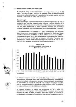 2.2.1. Observaciones sobre el mercado de coca
•
El mercado de Ia hoja de coca en el Per6 tiene dos componentes: uno legal (10,780
t/afio) y otro ilegal (87,304 t, afio 2015). El adecuado control del mercado legal de
coca, permitiria distinguir claramente a la produccion del mercado ilegal de coca que
responde a la demanda del Trafico Ilicito de Drogas.
Mercado Legal
ENACO tiene como funci6n principal atender Ia demanda legal de hoja de coca y
derivados, tanto para uso tradicional como industrial. En otros terminos, es la
instituciOn autorizada para la comercializaciOn e industrializacion de la hoja de coca
con fines licitos. Para cumplir su misi6n, administra el padron que establece Ia
condicion de productor legal; y los registros de comerciantes mayoristas y minoristas.
La encuesta del INEI-DEVIDA del alio 2013, indica que el mercado legal de hoja de
coca —consumo para uso tradicional e industrial— es del orden de 10,780 Vali°. SegOn
los estados financieros de ENACO, en el alio 2016, la empresa compro 1,820 t:
cantidad que represents el 17% de la demanda legal. Consecuentemente, el 83% de
la demanda legal es atendida por comerciantes informales. Asimismo, cabe
mencionar, que como se puede apreciar en el siguiente Grafico N° 06, entre los afios
2007 y 2016, la capacidad de compra de ENACO disminuy6 en 41%.
Grafico N° 06
ENACO: compras de coca 2000-2016
(Miles de Toneladas)
3.500
4..
2.000
2.500
1.000
3.000
1.500
500
o
'2000 2001
1 I I
liI
i 1
11 TM 2.17 2.55
Fuente: ENACO.
En sintesis, Ia evidencia revela Ia limitaciOn de ENACO, por si sola, para cumplir Ia
responsabilidad que Ia ley le asigna en el marco de los compromisos internacionales
suscritos por el Perti Es un problema estructural que contribuye a Ia confusi6n entre
los componentes del mercado de la hoja de coca; es decir, el legal y el ilegal. Sin
duda, tal confusion favorece a la actividad del Trafico Ilicito de Drogas. Sin embargo,
las responsabilidades van mss alla del propio ENACO.
Se requiere actualizar el padrOn de productores de coca, existe un
sobredimensionamiento ya que estan inscritos 34,464 productores con area auto
declarada de 22,434 hectareas. Se deberia reducir este niimero en funcion de Ia
demanda legal mencionada. De hecho ENACO reporta 8,630 productores activos en
2002 , 2003 2004 2005'2006'2007:2008 2009:2010:2011'2012;2013 2014 2015 2016
2.88 2.92 2.95 3.04: 2.76 3.10 2.41 2.50 2.64 .2.21 :2.04 :2.28 1.91 1.85 1.82
28
 