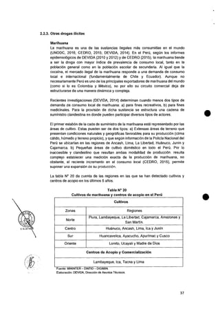 Cultivos
Zonas Regiones
Norte
Piura, Lambayeque, La Libertad, Cajamarca, Amazonas y
San Martin.
Centro Huanuco, Ancash, Lima, Ica y Junin
Sur Huancavelica, Ayacucho, Apurimac y Cusco
Oriente Loreto, Ucayali y Madre de Dios
Centros de Acopio y Comercializacion
Lambayeque, Ica, Tacna y Lima
Fuente: MININTER — DINTID — DIGIMIN.
Elaboracion: DEVIDA, Direccion de Asuntos Tecnicos.
2.2.3. Otras drogas ilicitas
Marihuana
La marihuana es una de las sustancias ilegales mas consumidas en el mundo
(UNODC, 2016; CEDRO, 2015; DEVIDA, 2014). En el Peril, segUn los informes
epidemiolOgicos de DEVIDA (2010 y 2012) y de CEDRO (2015), Ia marihuana tiende
a ser Ia droga con mayor indice de prevalencia de consumo local, tanto en Ia
poblacion general como en Ia poblacion escolar de secundaria. Al igual que Ia
cocaina, el mercado ilegal de Ia marihuana responde a una demanda de consumo
local e internacional (fundamentalmente de Chile y Ecuador). Aunque no
necesariamente Perii es uno de los principales exportadores de marihuana del mundo
(como si lo es Colombia y Mexico), no por ello su circuito comercial deja de
estructurarse de una manera dinamica y compleja.
Recientes investigaciones (DEVIDA, 2014) determinan cuando menos dos tipos de
demanda de consumo local de marihuana: a) para fines recreativos, b) para fines
medicinales. Para Ia provision de dicha sustancia se estructura una cadena de
suministro clandestina en donde pueden participar diversos tipos de actores.
El primer eslabon de Ia cada de suministro de la marihuana esta representado por las
areas de cultivo. Estas pueden ser de dos tipos: a) Extensas areas de terreno que
presentan condiciones naturales y geograficas favorables para su producciOn (clima
calido, hurnedo y terreno propicio), y que segiin informaciOn de Ia Policia Nacional del
Peru se ubicarian en las regiones de Ancash, Lima, La Libertad, Huanuco, Junin y
Cajamarca. b) Pequetias areas de cultivo domestic° en todo el Pero. Por lo
inaccesible y clandestino que resultan ambas modalidad de producciOn. resulta
compiejo establecer una mediciOn exacta de Ia producciOn de marihuana, no
obstante, el reciente incremento en el consumo local (CEDRO, 2015), permite
suponer una expansion de su produccion.
La tabla N° 20 da cuenta de las regiones en las que se han detectado cultivos y
centros de acopio en los Oltimos 5 atios.
Tabla N° 20
Cultivos de marihuana y centros de acopio en el Peni
37
 
