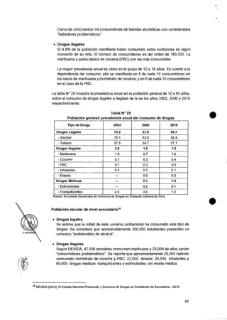 Cerca de ochocientos mil consumidores de bebidas alcohOlicas son considerados
"bebedores problernaticos".
• Drogas ilegales
El 4.8% de Ia poblacion manifiesta haber consumido estas sustancias en algirn
momento de su vida. El niimero de consumidores es del orden de 180,700. La
marihuana y pasta basica de cocaina (PBC) son las mas consumidas.
La mayor prevalencia anual se ubica en el grupo de 12 a 18 &los. En cuanto a Ia
dependencia del consumo, ella se manifiesta en 5 de cada 10 consumidores en
los casos de marihuana y clorhidrato de cocaina; y en 6 de cada 10 consumidores
en el caso de Ia PBC.
La tabla N° 29 muestra Ia prevalencia anual en Ia poblaciOn general de 12 a 65 afros,
sobre el consumo de drogas legales e ilegales de Ia en los arios 2002, 2006 y 2010
respectivamente.
Tabla N° 29
Poblad& general: prevalencia anual del consumo de drogas
Tipo de Droga 2002 2006 2010
Drogas Legales 75.2 67.0 54.7
- Alcohol 75.1 63.0 52.4
- Tabaco 37.5 34.7 21.1
Drogas Ilegales 2.8 1.0 1.5
- Marihuana 1.8 0.7 1.0
- Cocaina 0.7 0.3 0.4
- PBC 0.7 0.3 0.5
- Inhatantes 0.4 0.0 0.1
- Extasis --- 0.0 0.0
Drogas Medicas --- 3.1 1.4
- Estimulantes --- 0.2 0.1
- Tranquilizantes 2.5 3.0 1.3
Fuente: Encuestas Nacionales de Consumo de Drogas en Poblacion General de Pert).
Poblacion escolar de nivel secundario18
• Drogas legales
Se estima que la mitad de este universo poblacional ha consumido este tipo de
drogas. Se considera que aproximadamente 200,000 estudiantes presentan un
consumo "problematic° de alcohol".
• Drogas ilegales
Segirn DEVIDA, 47,000 escolares consumen marihuana y 23,000 de ellos serian
"consumidores problernaticos". Se reporta que aproximadamente 20,000 habrian
consumido clorhidrato de cocaina y PBC; 22,000 extasis; 26,000 inhalantes y
69,000 drogas medicas -tranquilizantes y estimulantes- sin receta medica.
18 DEVIDA (2013), IV Estudio Nacional PrevenciOn y Consumo de Drogas en Estudiantes de Secundaria - 2012.
47
 