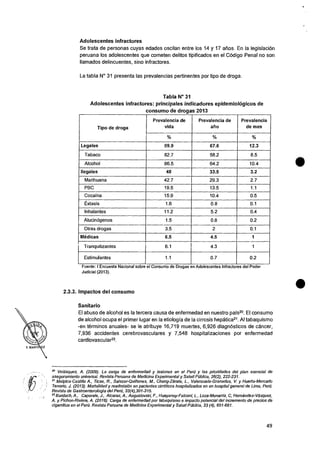 Adolescentes infractores
Se trata de personas cuyas edades oscilan entre los 14 y 17 arios. En Ia legislaciOn
peruana los adolescentes que cometen delitos tipificados en el COdigo Penal no son
Ilamados delincuentes, sino infractores.
La tabla N° 31 presenta las prevalencias pertinentes por tipo de droga.
Tabla N° 31
Adolescentes infractores: principales indicadores epidemiolOgicos de
consumo de drogas 2013
Tipo de droga
Prevalencia de
vida
Prevalencia de
atio
Prevalencia
de mes
Legales 89.9 67.6 12.3
Tabaco 82.7 58.2 8.5
Alcohol 86.5 64.2 10.4
Ilegales 48 33.5 3.2
Marihuana 42.7 29.3 2.7
PBC 19.5 13.5 1.1
Cocaina 15.9 10.4 0.5
Extasis 1.6 0.8 0.1
Inhalantes 11.2 5.2 0.4
Alucinogenos 1.5 0.8 0.2
Otras drogas 3.5 2 0.1
Medicas 6.5 4.5 1
Tranquilizantes 6.1 4.3 1
Estimulantes 1.1 0.7 0.2
Fuente: I Encuesta Nacional sobre el Consumo de Drogas en Adolescentes Infractores del Poder
Judicial (2013).
2.3.3. Impactos del consumo
Sanitario
El abuso de alcohol es la tercera causa de enfermedad en nuestro pafs20. El consumo
de alcohol ocupa el primer lugar en Ia etiologfa de Ia cirrosis hepatica21. Al tabaquismo
-en terminos anuales- se le atribuye 16,719 muertes, 6,926 diagnosticos de cancer,
7,936 accidentes cerebrovasculares y 7,548 hospitalizaciones por enfermedad
cardiovascula1.22.
Velasquez, A. (2009). La carga de enfermedad y lesiones en el Peril y las prioridades del plan esencial de
aseguramiento universal. Revista Peruana de Medicina Experimental y Salud Poblica, 26(2), 222-231.
21
Malpica-Castillo A., Ticse, R., Salazar-Quinones, M., Cheng-Zarate, L., Valenzuela-Granados, V. y Huerta-Mercado
Tenorio, J. (2013). Mortalidad y readmision en pacientes cirroticos hospitalizados en un hospital general de Lima, Peril.
Revista de Gastroenterologfa del Per0, 33(4),301-315.
22 Bardach, A., Caporale, J., Alcaraz, A., Augustovski, F., Huayanay-Falconf, L., Loza-Munarriz, C, Hernandez-Vasquez,
A. y Pichon-Riviere, A. (2016). Carga de enfermedad por tabaquismo e impacto potencial del incremento de precios de
cigarrillos en el Per& Revista Peruana de Medicina Experimental y Salud POblica, 33 (4), 651-661.
49
 