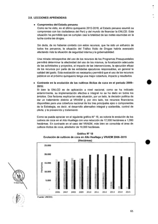 65
Fuente: UNODC.
2006 2007 2008 2009 2010 2011 2012 2013 2014 2015
2.8. LECCIONES APRENDIDAS
• Compromiso del Estado peruano
Como se ha visto, en el ultimo quinquenio 2012-2016, el Estado peruano asumi6 su
compromiso con los ciudadanos del Peru y del mundo de financiar la ENLCD. Esta
situaciOn ha permitido que se cumplan casi Ia totalidad de las metas asumidas en Ia
lucha contra las drogas.
Sin duda, de no haberse contado con estos recursos, que ha sido un esfuerzo de
todos los peruanos, Ia situaciOn del Trafico Ilicito de Drogas habria avanzado
afectando mas la situaciOn de seguridad interna y la gobernabilidad.
Una mirada retrospectiva del uso de los recursos de los Programas Presupuestales
permitira determinar Ia efectividad del uso de los mismos, la focalizaciOn adecuada
de las actividades y proyectos, el impacto de las intervenciones, la ejecuciOn eficaz
de los recursos por parte de las entidades ejecutoras responsables, en general Ia
calidad del gasto. Esta evaluacian es necesaria y permitira que el uso de los recursos
publicos en el proximo quinquenio tenga una mejor cobertura, impacto y resultados.
• Contraste en la evolucion de los cultivos ilicitos de coca en el periodo 2009-
2015:
Si bien la ENLCD es de aplicacion a nivel nacional, como se ha indicado
anteriormente, su implementacion efectiva e integral no se ha dado en todos los
ambitos. Dos factores explicarian esta situaciOn, por un lado, la decision politica de
dar un tratamiento distinto al VRAEM y, por otro lado, los recursos financieros
disponibles para una cobertura nacional de los tres principales ejes o componentes
de la Estrategia, es decir, el desarrollo alternativo integral y sostenible, control de
oferta, y Ia prevenciOn y tratamiento
Como se puede apreciar en el siguiente grafico N° 18, es notoria Ia evolucion de los
cultivos de coca en el Alto Huallaga con una reducciOn de 17,500 hectareas a 1,090
hectareas. En contraste en el caso del VRAEM, mas bien se consolida el area de
cultivos ilicitos de coca, alrededor de 19,000 hectareas.
Grafico N° 18
Evolucion de cultivos de coca en Alto Huallaga y VRAEM 2006-2015
(Hectareas)
 