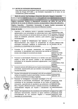3.11 MATRIZ DE ENTIDADES RESPONSABLES
Esta matriz contiene las principales lineas de accion de Ia Estrategia Nacional de Lucha
contra las Drogas 2017-2021; y las Entidades responsables en el marco de sus
competencias y planes sectoriales.
Matriz de actores: Eje Estrategico—Desarrollo Alternativo Integral y Sostenible
; 0,!:.-is,it 4-'-
Objetivo Intermedio: Reducir la dependencia economica del cultivo de coca de Ia
poblacion de las zonas de influencia cocalera, incorporandola al desarrollo alternativo.
Objetivo Especifico — Economico: Incrementar el ingreso familiar proveniente de
actividades economicas licitas en las zonas de influencia cocalera.
Lineas de Accion
1. Capacitar y dar asistencia tecnica a pequenos productores
agropecuarios y sus comunidades; en cultivos tales como: cafe,
cacao y otros productos con demanda interna y/o externa. En las
etapas de instalacion, produccion, cosecha y post cosecha y
comercializaciOn.
MINAGRI-
AGRORURAL-INIA,
SENASA, PRODUCE,
MINCETUR, MINAM-
IIAP, PCM-DEVIDA,
GR, GL.
2. Mejorar y ampliar la infraestructura vial, electrica y de
telecomunicaciones para mejorar Ia competitividad de las
actividades productivas, facilitando la transformaciOn de los
productos y su conectividad con los mercados.
MTC, MINEM, PCM-
DEVIDA, GR, GL.
3. Fomentar en un escenario caracterizado por pequetios
productores, la asociatividad como instrumento que permite el
acceso a las ventajas de la economfa de escala.
MINAGRI-
AGRORURAL,
PRODUCE,
MINCETUR, PCM-
DEVIDA, GR, GL.
4. Promover la intermediacion financiera en el ambito rural para
ampliar la oferta del servicio crediticio a las actividades
productivas de los pequetios productores agropecuarios y sus
asociaciones.
MINAGRI-
AGROIDEAS, MEF-
PROCOMPITE-
FONAFE-
AGROBANCO, PCM-
DEVIDA,
5. Incorporar acciones afirmativas para las mujeres emprendedoras ,
productoras, agropecuarias para que accedan a Ia propiedad y
recursos financieros.
MINAGRI-
AGRORU RAL,
PRODUCE, PCM-
DEVIDA, GR, GL.
6. Impulsar Ia formalizaciOn de la propiedad rural y de comunidades
nativas con igualdad de genero para facilitar el acceso a creditos
y reforzar el sentimiento de arraigo y legalidad.
MINAGRI, GR.
PCM-DEVIDA,
7. Favorecer la investigaciOn e innovaciOn tecnologica a fin de
incrementar la productividad, diversificacion, valor agregado y
rentabilidad de las actividades econornicas de las zonas de
intervenciOn, especialmente de aquellas/os que pertenecen a la
Micro, Pequetia y Mediana Empresa o cadenas productivas y de
comercializaciOn integrado por mujeres o asociaciones de
mujeres.
PRODUCE, PCM-
CONCYTEC,
MINAGRI-INIA,
MINAM-IIAP,
UNIVERSIDADES.
8. Apoyar a las organizaciones de productores en la certificacion de
estandares internacionales, desarrollo de signos distintivos y
comercializaciOn de sus productos dirigidos a mercados
especiales y/o convencionales.
MINCETUR, MRE,
PRODUCE, PCM-
INDECOPI, PCM-
DEVIDA, GR, GL.
95
 
