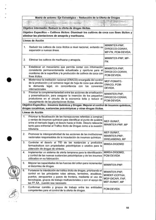 •
Matriz de actores: Eje Estrategico — Reduccion de la Oferta de Drogas
-
1 ),(4-:0(: -
.rim:;,•:14,,(: .
Objetivo Intermedio: Reducir Ia oferta de drogas ilicitas.
Objetivo Especifico — Cultivos ilicitos: Disminuir los cultivos de coca con fines ilicitos y
eliminar las plantaciones de amapola y marihuana.
Lineas de Accion
1. Reducir los cultivos de coca ilicitos a nivel nacional, evitando su
expansion a nuevas areas.
MININTER-PNP,
DIRGECO-CORAH,
MP-FN, PCM-DEVIDA.
2. Eliminar los cultivos de marihuana y amapola.
MININTER-PNP, MP-
FN.
3. Establecer un mecanismo que permits contar con informacion
consistente permanentemente actualizada y oportuna para el
monitoreo de la superficie y Ia produccion de cultivos de coca con
fines ilicitos.
MININTER-PNP,
DIRGECO-CORAH,
PCM-DEVIDA.
4. Modernizar Ia instituciOn nacional (ENACO) encargada del control
de Ia producci6n y el comercio legal de hoja de coca que atienda
Ia demands legal, en concordancia con los convenios
internacionales.
MEF-FONAFE-
ENACO, PCM-
DEVIDA.
5. Priorizar Ia complementariedad entre las acciones de erradicaciOn
y poserradicaciOn, para asegurar Ia inserciOn de los pequefios
productores en el circuito de Ia economfa licita y reducir el
resurgimiento de las plantaciones ilicitas.
MININTER-PNP,
DIRGECO-CORAH,
PCM-DEVIDA.
Objetivo Especifico - Insumos Quimicos y Drogas: Mejorar el control de insumos quimicos,
drogas cocainicas, sustancias psicotropicas y otras drogas ilicitas
Lineas de Accion
1. Priorizar Ia fiscalizacion de las transacciones referidas a compras
y yentas de insumos quimicos para identificar el punto de quiebre
entre el mercado legal y el desvfo hacia el ilicito. Desvfo relevante
tanto para enfrentar al Trafico Ilicito de Drogas como a Ia evasion
tributaria.
MEF-SUNAT,
MININTER-PNP, MP
2. Promover Ia interoperatividad de las acciones de las instituciones
nacionales responsables de Ia incautaciOn de insumos quimicos.
MEF-SUNAT,
MININTER-PNP-
DIREJANDRO, MP
3. Controlar el desvio al TID de las sustancias y productos
farmaceuticos con propiedades psicotrOpicas o usados para Ia
obtenci6n de drogas de sintesis.
MINSA-DIGEMID
4. Implementar un sistema de alerta temprana para Ia identificaci6n
y control de las nuevas sustancias psicotrOpicas y de los insumos
utilizados en su fabricaciOn.
MINSA-DIGEMID,
PCM-DEVIDA
5. Mejorar las capacidades de las fuerzas del orden para incrementar
el decomiso de drogas.
MININTER-PNP.
6. Fortalecer la interdicciOn del trafico ilicito de drogas, priorizando el
control en las principales rutas aareas, terrestres, acuaticas,
puertos, aeropuertos y pasos de frontera, mediante el use de
tecnologfas, grupos de trabajo multisectoriales y con el apoyo de
las FF.AA., cuando sea necesario. MEF-SUNAT, MP
MININTER-PNP,
MINDEF-CCFFAA,
MGP-DICAPI, FAP,
7. Conformar comites y grupos de trabajo entre las entidades
competentes para el control de Ia oferta de drogas.
PCM-DEVIDA
98
 