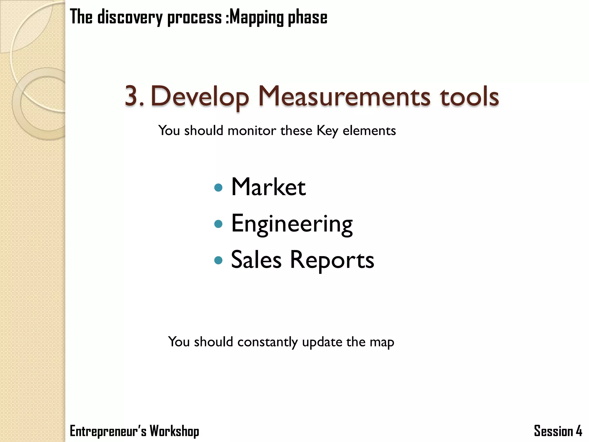 The discovery process :Mapping phase



         3. Develop Measurements tools
               You should monitor these Key elements



                           Market
                           Engineering
                           Sales Reports


                 You should constantly update the map




Entrepreneur’s Workshop                                 Session 4
 