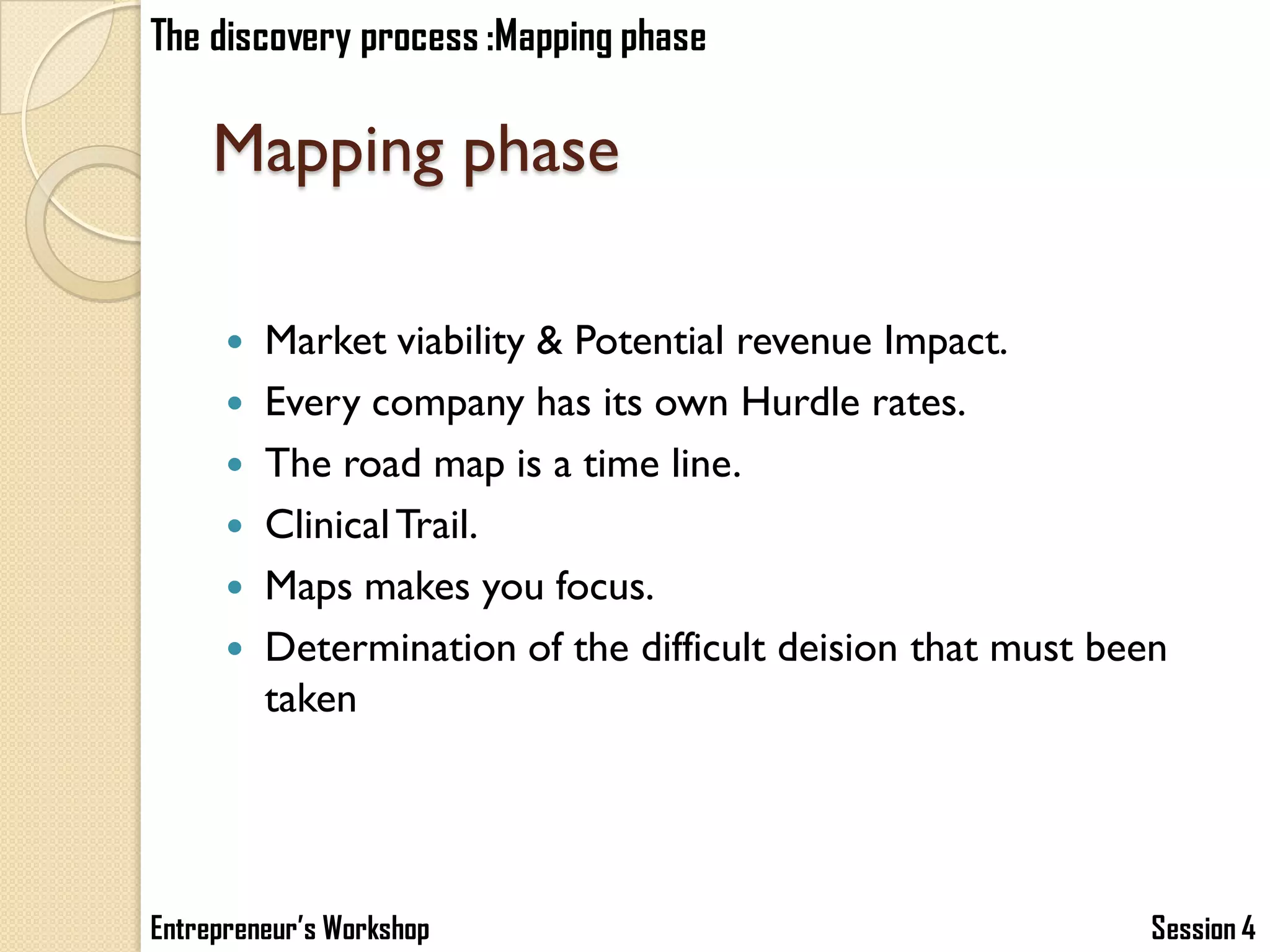 The discovery process :Mapping phase

     Mapping phase

       Market viability & Potential revenue Impact.
       Every company has its own Hurdle rates.
       The road map is a time line.
       Clinical Trail.
       Maps makes you focus.
       Determination of the difficult deision that must been
        taken




Entrepreneur’s Workshop                                     Session 4
 