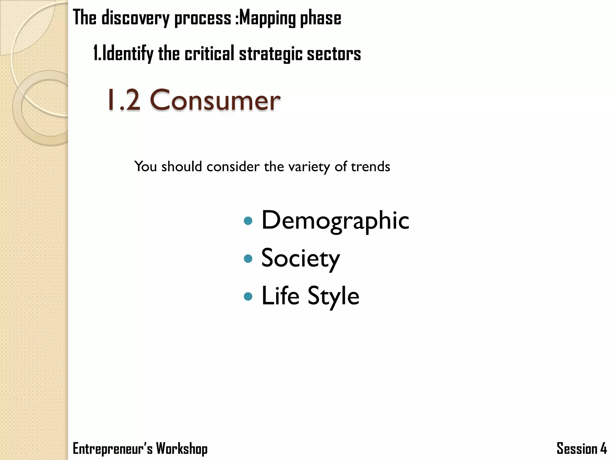 The discovery process :Mapping phase
   1.Identify the critical strategic sectors

     1.2 Consumer

          You should consider the variety of trends


                            Demographic
                            Society
                            Life Style




Entrepreneur’s Workshop                               Session 4
 