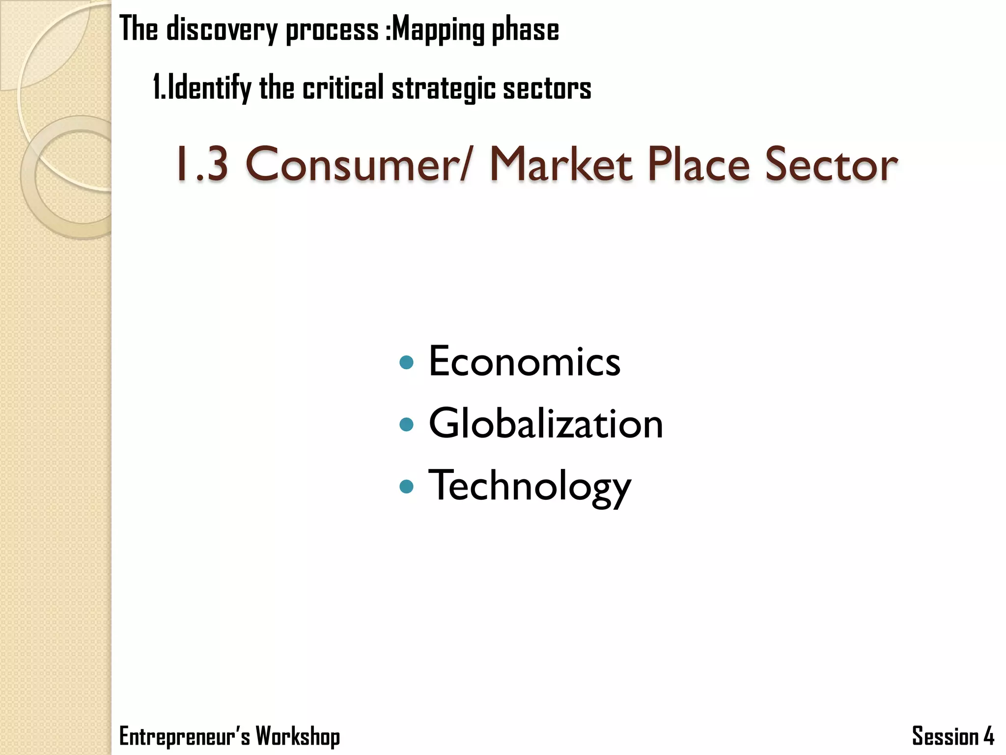 The discovery process :Mapping phase
   1.Identify the critical strategic sectors

     1.3 Consumer/ Market Place Sector


                           Economics
                           Globalization
                           Technology




Entrepreneur’s Workshop                        Session 4
 