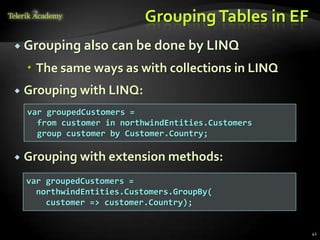 GroupingTables in EF
 Grouping also can be done by LINQ
 The same ways as with collections in LINQ
 Grouping with LINQ:
 Grouping with extension methods:
41
var groupedCustomers =
from customer in northwindEntities.Customers
group customer by Customer.Country;
var groupedCustomers =
northwindEntities.Customers.GroupBy(
customer => customer.Country);
 