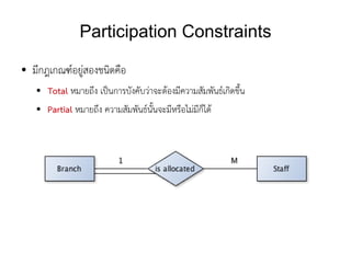 Participation Constraints
●   มีกฎเกณฑ์อยู่สองชนิดคือ
    ●   Total หมายถึง เป็นการบังคับว่าจะต้องมีความสัมพันธ์เกิดขึ้น
    ●   Partial หมายถึง ความสัมพันธ์นั้นจะมีหรือไม่มีก็ได้
 