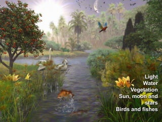 LightWaterVegetationSun, moon and starsBirds and fishes
