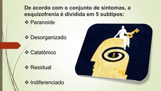 De acordo com o conjunto de sintomas, a
esquizofrenia é dividida em 5 subtipos:
 Paranoide
 Desorganizado
 Catatônico
 Residual
 Indiferenciado
 